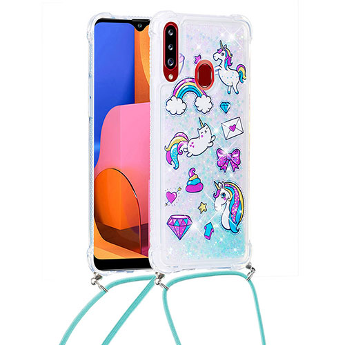 Silicone Candy Rubber TPU Bling-Bling Soft Case Cover with Lanyard Strap S02 for Samsung Galaxy A20s Sky Blue