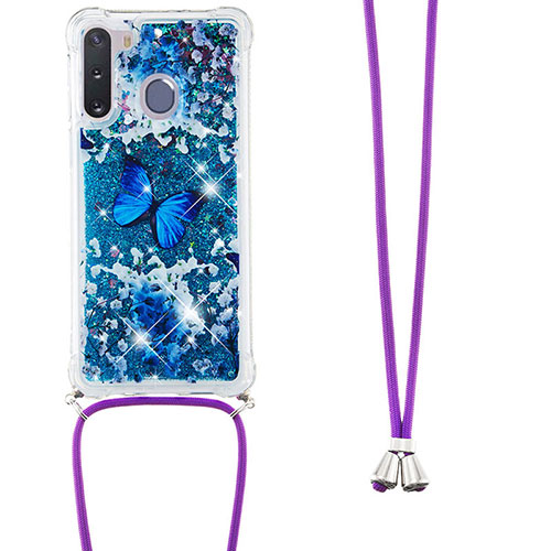 Silicone Candy Rubber TPU Bling-Bling Soft Case Cover with Lanyard Strap S02 for Samsung Galaxy A21 European Blue