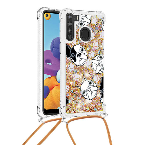 Silicone Candy Rubber TPU Bling-Bling Soft Case Cover with Lanyard Strap S02 for Samsung Galaxy A21 Gold