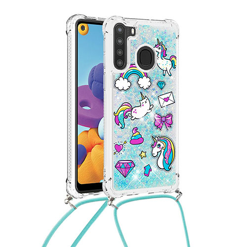 Silicone Candy Rubber TPU Bling-Bling Soft Case Cover with Lanyard Strap S02 for Samsung Galaxy A21 Sky Blue