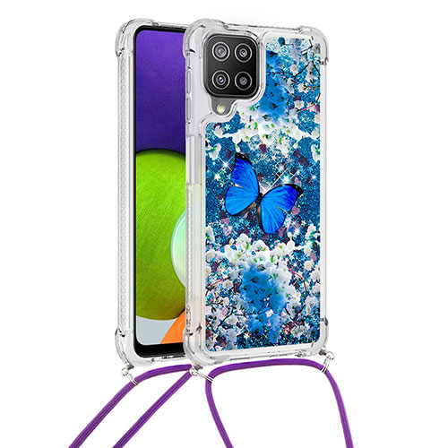 Silicone Candy Rubber TPU Bling-Bling Soft Case Cover with Lanyard Strap S02 for Samsung Galaxy A22 4G Blue