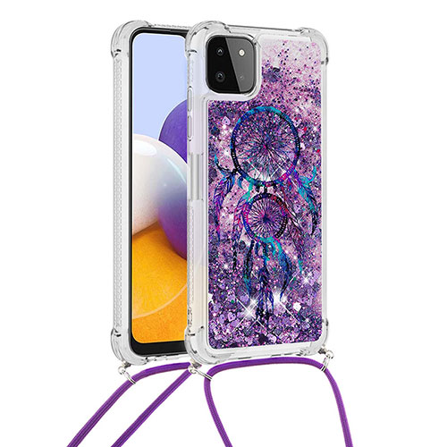 Silicone Candy Rubber TPU Bling-Bling Soft Case Cover with Lanyard Strap S02 for Samsung Galaxy A22 5G Purple