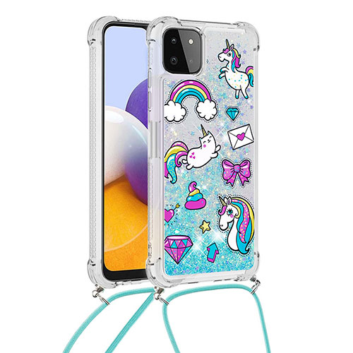 Silicone Candy Rubber TPU Bling-Bling Soft Case Cover with Lanyard Strap S02 for Samsung Galaxy A22 5G Sky Blue