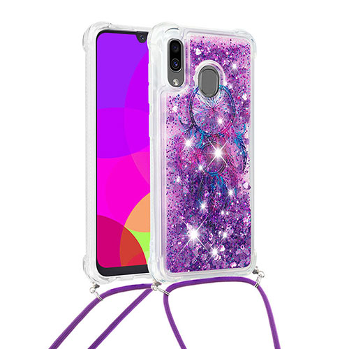 Silicone Candy Rubber TPU Bling-Bling Soft Case Cover with Lanyard Strap S02 for Samsung Galaxy A30 Purple