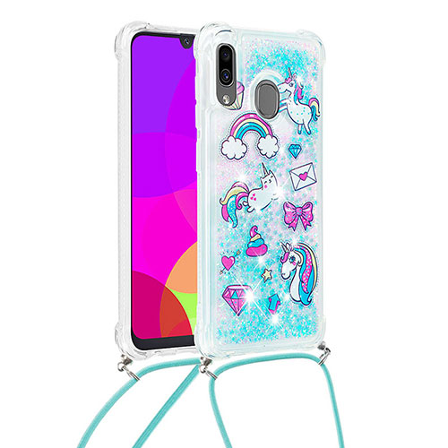 Silicone Candy Rubber TPU Bling-Bling Soft Case Cover with Lanyard Strap S02 for Samsung Galaxy A30 Sky Blue