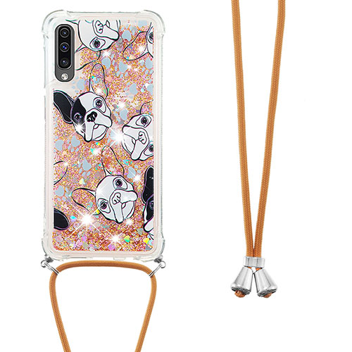 Silicone Candy Rubber TPU Bling-Bling Soft Case Cover with Lanyard Strap S02 for Samsung Galaxy A30S Gold