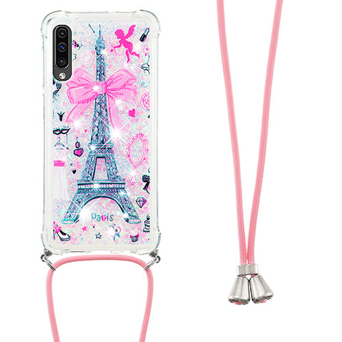 Silicone Candy Rubber TPU Bling-Bling Soft Case Cover with Lanyard Strap S02 for Samsung Galaxy A30S Pink