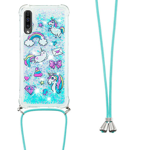 Silicone Candy Rubber TPU Bling-Bling Soft Case Cover with Lanyard Strap S02 for Samsung Galaxy A30S Sky Blue