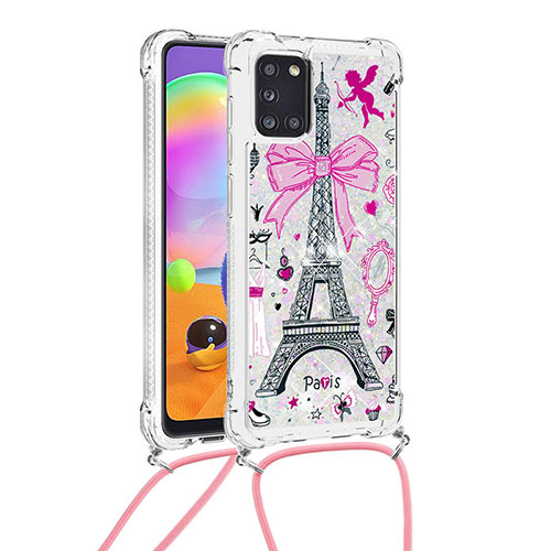 Silicone Candy Rubber TPU Bling-Bling Soft Case Cover with Lanyard Strap S02 for Samsung Galaxy A31 Pink