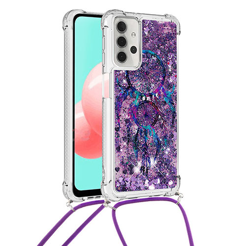 Silicone Candy Rubber TPU Bling-Bling Soft Case Cover with Lanyard Strap S02 for Samsung Galaxy A32 4G Purple