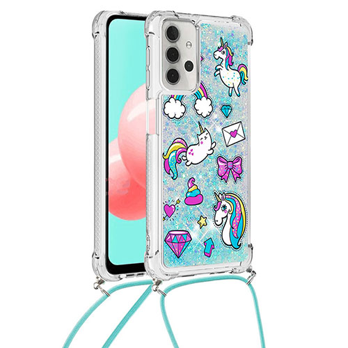 Silicone Candy Rubber TPU Bling-Bling Soft Case Cover with Lanyard Strap S02 for Samsung Galaxy A32 4G Sky Blue