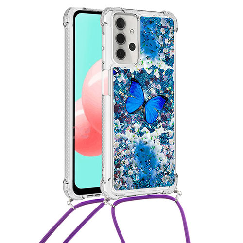 Silicone Candy Rubber TPU Bling-Bling Soft Case Cover with Lanyard Strap S02 for Samsung Galaxy A32 5G Blue