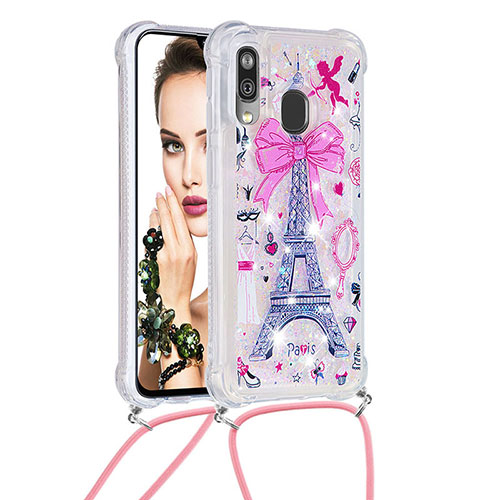 Silicone Candy Rubber TPU Bling-Bling Soft Case Cover with Lanyard Strap S02 for Samsung Galaxy A40 Pink