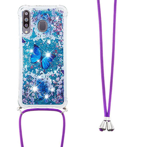 Silicone Candy Rubber TPU Bling-Bling Soft Case Cover with Lanyard Strap S02 for Samsung Galaxy A40s Blue