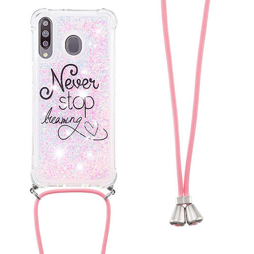 Silicone Candy Rubber TPU Bling-Bling Soft Case Cover with Lanyard Strap S02 for Samsung Galaxy A40s Pink