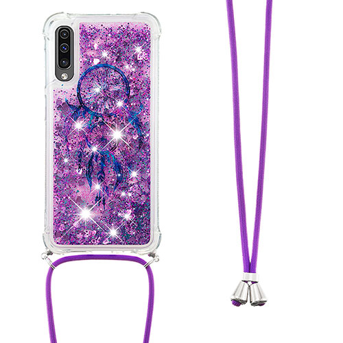 Silicone Candy Rubber TPU Bling-Bling Soft Case Cover with Lanyard Strap S02 for Samsung Galaxy A50 Purple