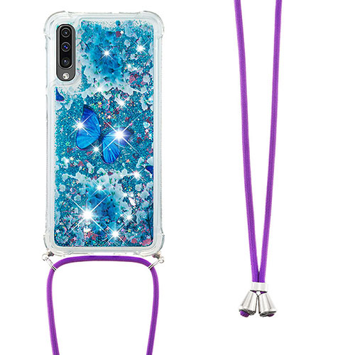 Silicone Candy Rubber TPU Bling-Bling Soft Case Cover with Lanyard Strap S02 for Samsung Galaxy A50S Blue