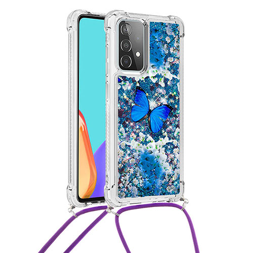 Silicone Candy Rubber TPU Bling-Bling Soft Case Cover with Lanyard Strap S02 for Samsung Galaxy A52 4G Blue