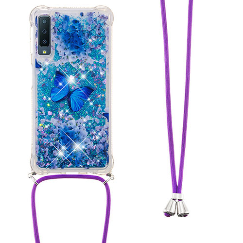 Silicone Candy Rubber TPU Bling-Bling Soft Case Cover with Lanyard Strap S02 for Samsung Galaxy A7 (2018) A750 Blue