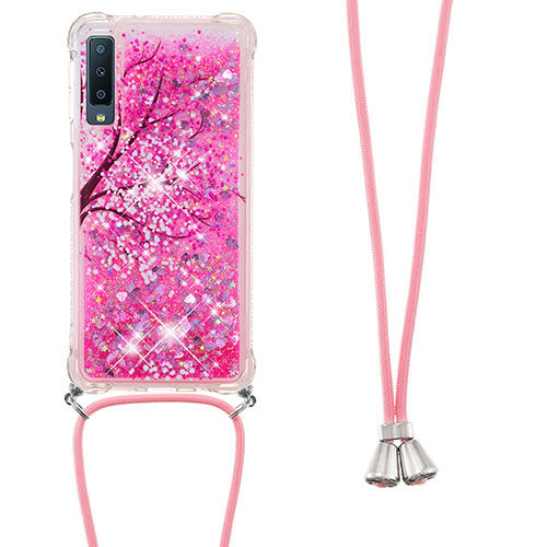 Silicone Candy Rubber TPU Bling-Bling Soft Case Cover with Lanyard Strap S02 for Samsung Galaxy A7 (2018) A750 Hot Pink