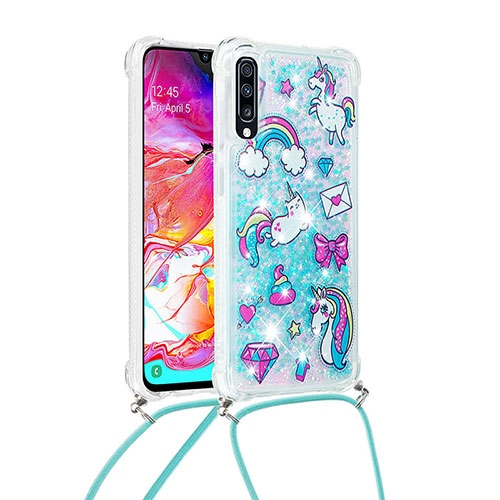 Silicone Candy Rubber TPU Bling-Bling Soft Case Cover with Lanyard Strap S02 for Samsung Galaxy A70S Sky Blue