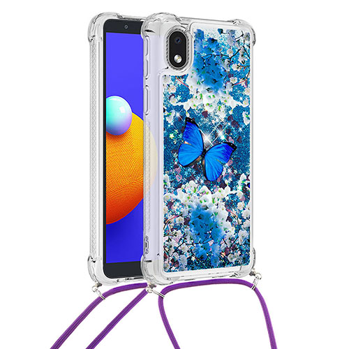 Silicone Candy Rubber TPU Bling-Bling Soft Case Cover with Lanyard Strap S02 for Samsung Galaxy M01 Core Blue