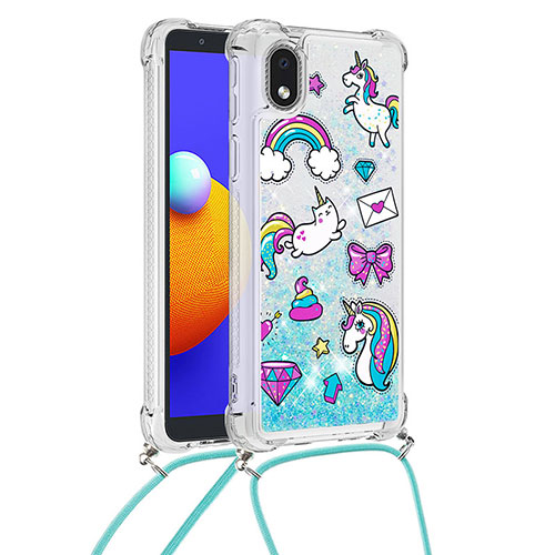 Silicone Candy Rubber TPU Bling-Bling Soft Case Cover with Lanyard Strap S02 for Samsung Galaxy M01 Core Sky Blue