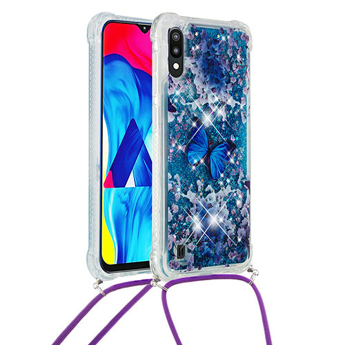 Silicone Candy Rubber TPU Bling-Bling Soft Case Cover with Lanyard Strap S02 for Samsung Galaxy M10 Blue