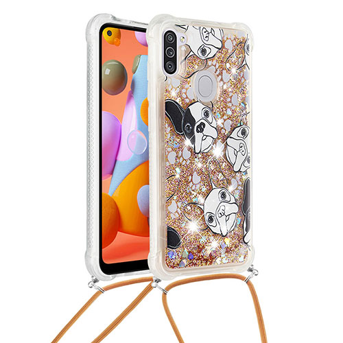Silicone Candy Rubber TPU Bling-Bling Soft Case Cover with Lanyard Strap S02 for Samsung Galaxy M11 Gold
