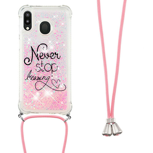 Silicone Candy Rubber TPU Bling-Bling Soft Case Cover with Lanyard Strap S02 for Samsung Galaxy M20 Pink