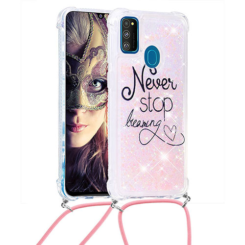 Silicone Candy Rubber TPU Bling-Bling Soft Case Cover with Lanyard Strap S02 for Samsung Galaxy M21 Mixed