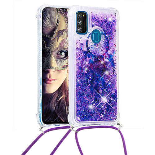 Silicone Candy Rubber TPU Bling-Bling Soft Case Cover with Lanyard Strap S02 for Samsung Galaxy M21 Purple