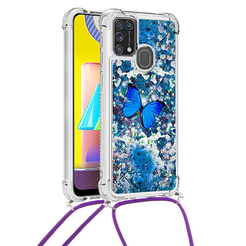 Silicone Candy Rubber TPU Bling-Bling Soft Case Cover with Lanyard Strap S02 for Samsung Galaxy M21s Blue