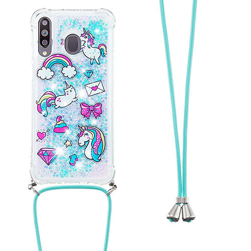 Silicone Candy Rubber TPU Bling-Bling Soft Case Cover with Lanyard Strap S02 for Samsung Galaxy M30 Sky Blue