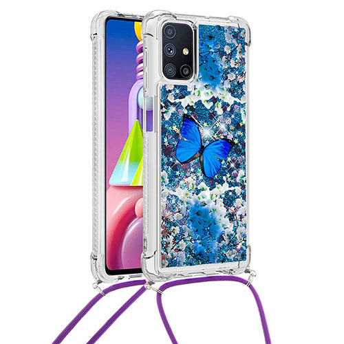 Silicone Candy Rubber TPU Bling-Bling Soft Case Cover with Lanyard Strap S02 for Samsung Galaxy M51 Blue