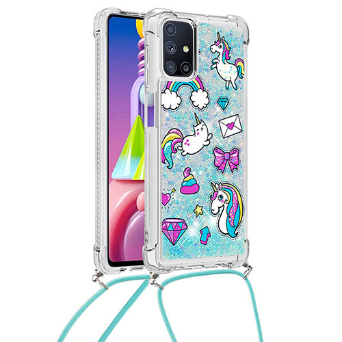 Silicone Candy Rubber TPU Bling-Bling Soft Case Cover with Lanyard Strap S02 for Samsung Galaxy M51 Sky Blue