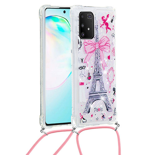Silicone Candy Rubber TPU Bling-Bling Soft Case Cover with Lanyard Strap S02 for Samsung Galaxy S10 Lite Pink