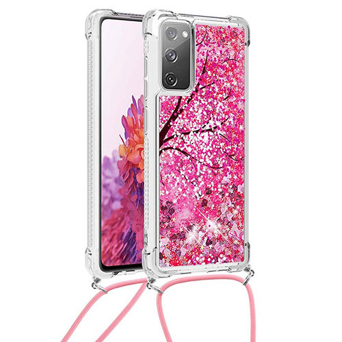 Silicone Candy Rubber TPU Bling-Bling Soft Case Cover with Lanyard Strap S02 for Samsung Galaxy S20 FE 5G Hot Pink
