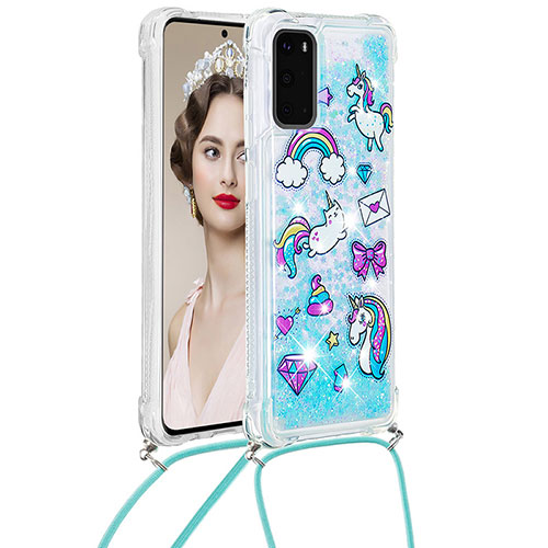 Silicone Candy Rubber TPU Bling-Bling Soft Case Cover with Lanyard Strap S02 for Samsung Galaxy S20 Sky Blue