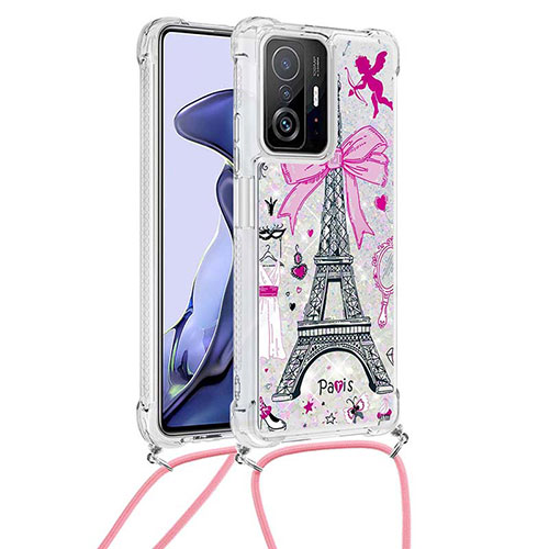 Silicone Candy Rubber TPU Bling-Bling Soft Case Cover with Lanyard Strap S02 for Xiaomi Mi 11T 5G Pink