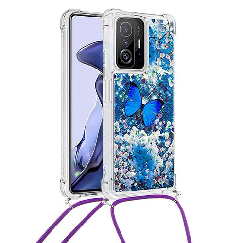 Silicone Candy Rubber TPU Bling-Bling Soft Case Cover with Lanyard Strap S02 for Xiaomi Mi 11T Pro 5G Blue