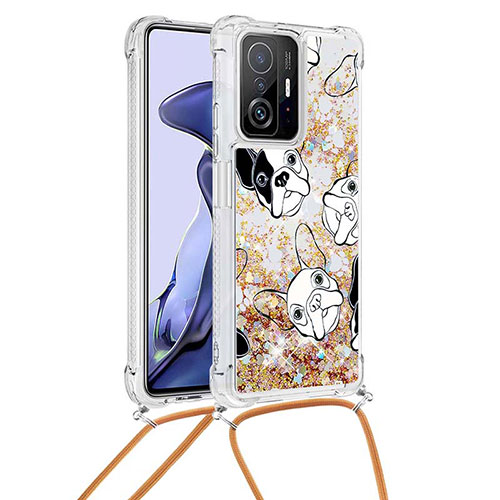 Silicone Candy Rubber TPU Bling-Bling Soft Case Cover with Lanyard Strap S02 for Xiaomi Mi 11T Pro 5G Gold