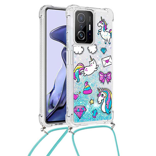 Silicone Candy Rubber TPU Bling-Bling Soft Case Cover with Lanyard Strap S02 for Xiaomi Mi 11T Pro 5G Sky Blue