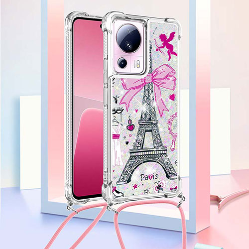 Silicone Candy Rubber TPU Bling-Bling Soft Case Cover with Lanyard Strap S02 for Xiaomi Mi 13 Lite 5G Pink