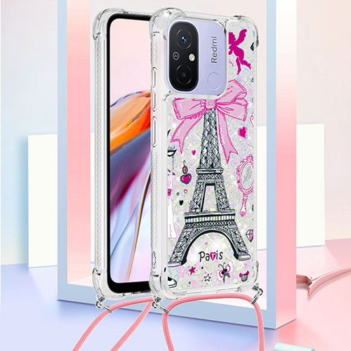 Silicone Candy Rubber TPU Bling-Bling Soft Case Cover with Lanyard Strap S02 for Xiaomi Poco C55 Pink
