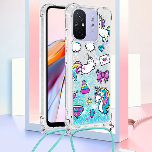 Silicone Candy Rubber TPU Bling-Bling Soft Case Cover with Lanyard Strap S02 for Xiaomi Poco C55 Sky Blue