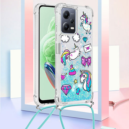 Silicone Candy Rubber TPU Bling-Bling Soft Case Cover with Lanyard Strap S02 for Xiaomi Poco X5 5G Sky Blue