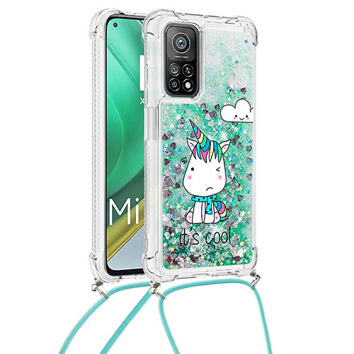 Silicone Candy Rubber TPU Bling-Bling Soft Case Cover with Lanyard Strap S02 for Xiaomi Redmi K30S 5G Green