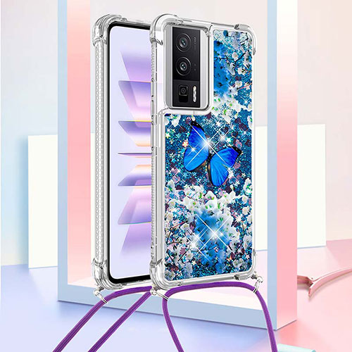 Silicone Candy Rubber TPU Bling-Bling Soft Case Cover with Lanyard Strap S02 for Xiaomi Redmi K60 5G Blue