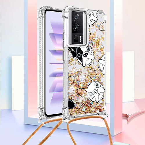 Silicone Candy Rubber TPU Bling-Bling Soft Case Cover with Lanyard Strap S02 for Xiaomi Redmi K60 5G Gold